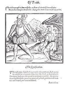 Um homem rico rejeita um mendigo esfarrapado, de "A Christall Glass of Christian Reformation", de Stephen Bateman, 1569